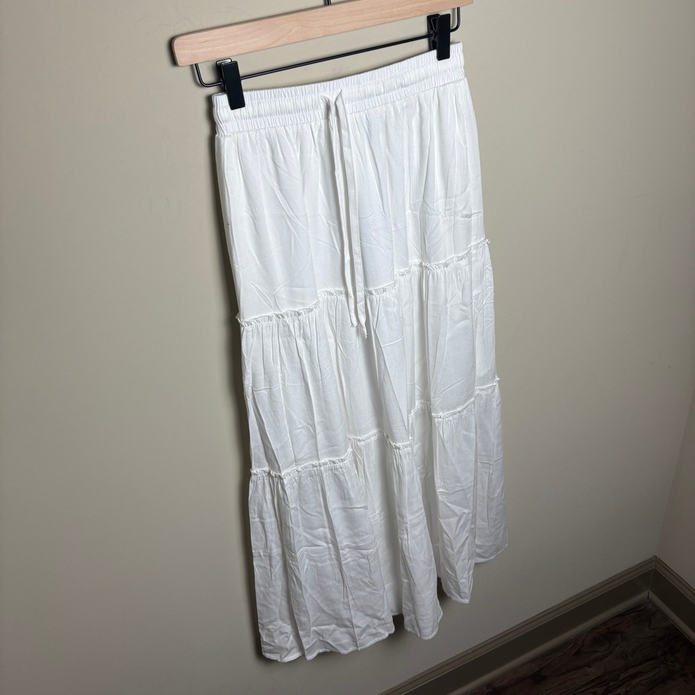 NWT HAEOF White Drawstring Elastic Waistband Tiered Long Maxi Skirt Womens XS - Picture 4 of 8